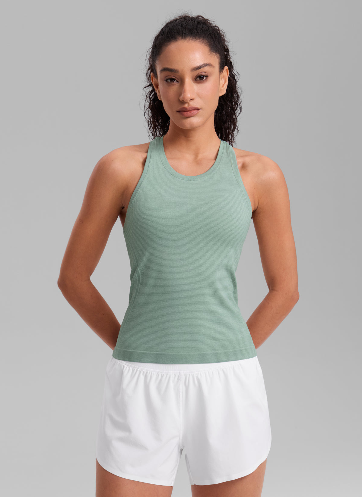 CRZ YOGA Women's Yoga Slim Fit Tops Seamless High Crew Neck Tank Green Palm Court
