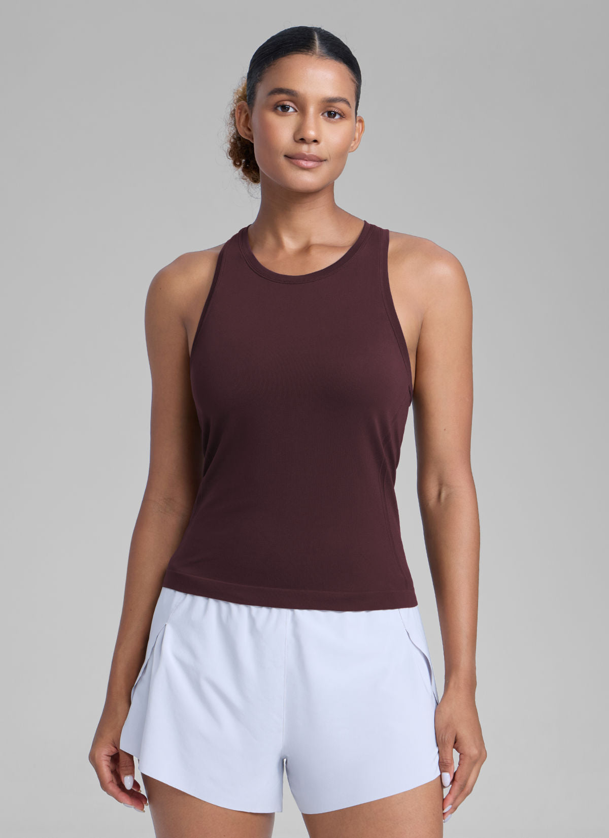 CRZ YOGA Women's Yoga Slim Fit Tops Seamless High Crew Neck Tank Ripe Plum