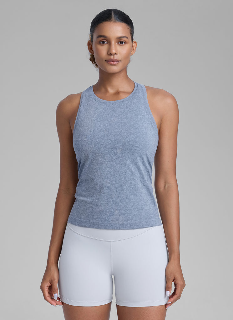 CRZ YOGA Women's Yoga Slim Fit Tops Seamless High Crew Neck Tank White