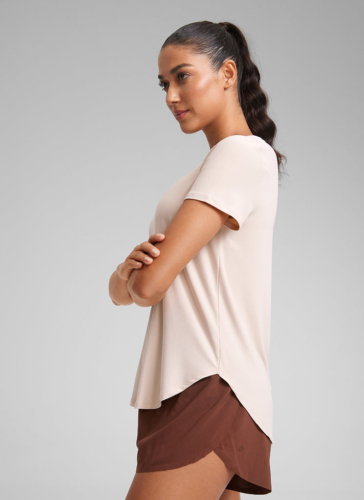 CRZ YOGA Women's Workout Lightweight Crewneck Short Sleeves Side Slit White Opal