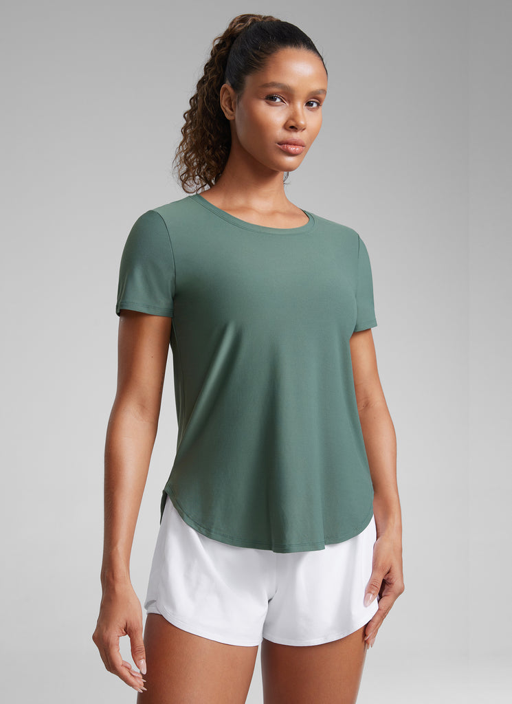 CRZ YOGA Women's Workout Lightweight Crewneck Short Sleeves Side Slit Black