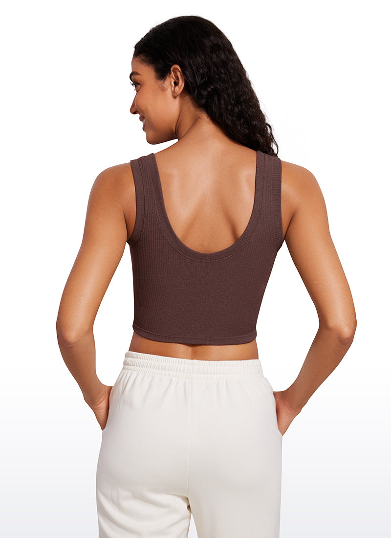 CRZ YOGA Women's Yoga Tight Fit Ribbed Tank Scoop Neck Cropped Length Taupe