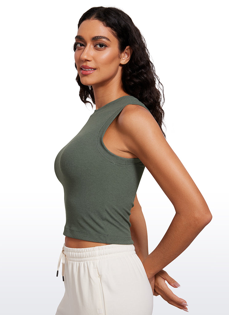 CRZ YOGA Women's Yoga Tight Fit Ribbed Tank high Neck Waist Length True Navy