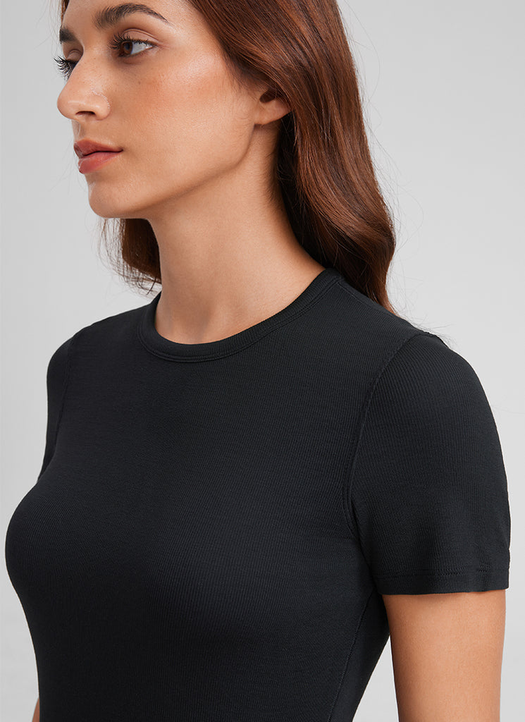 CRZ YOGA Womens Fitted Casual Ribbed Modal Crew Neck Short Sleeves Black