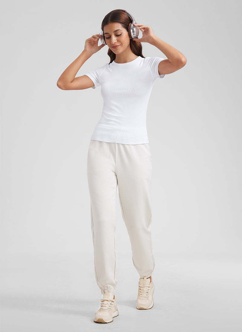 CRZ YOGA Womens Fitted Casual Ribbed Modal Crew Neck Short Sleeves White