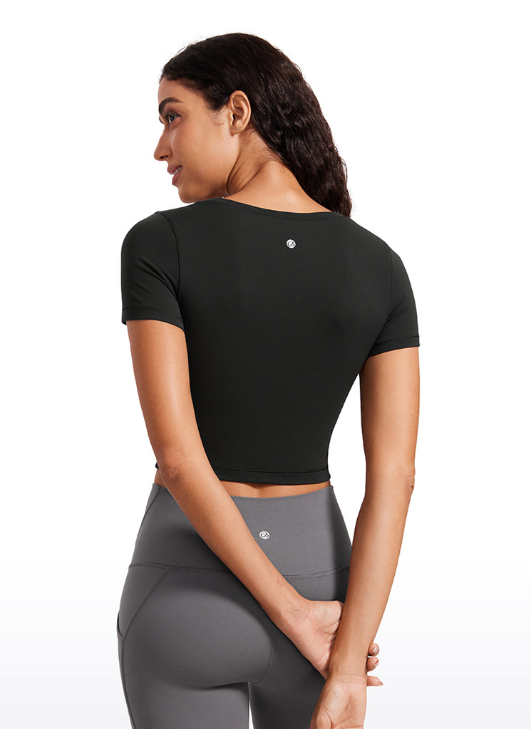 CRZYOGA Women's Slim Fit Scoop Neck Cropped Short Sleeves Grey Sage