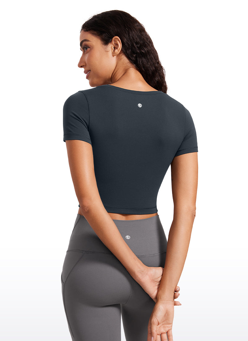 CRZYOGA Women's Slim Fit Scoop Neck Cropped Short Sleeves True Navy