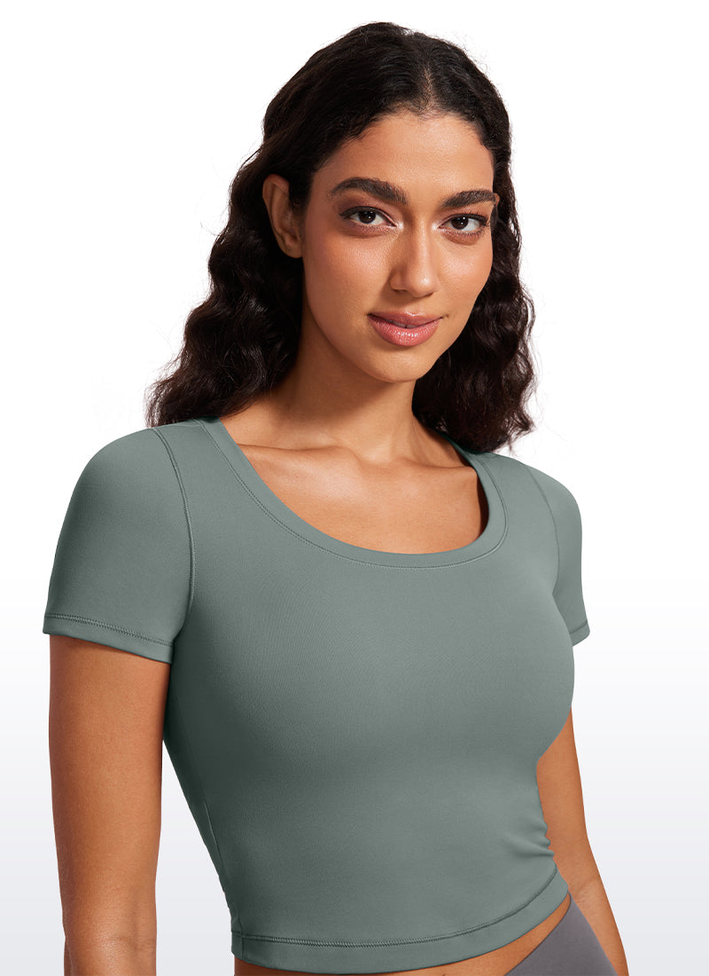 CRZYOGA Women's Slim Fit Scoop Neck Cropped Short Sleeves Grey Sage