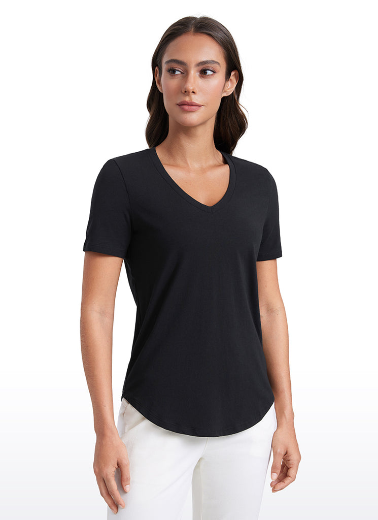 CRZ YOGA Women's Yoga Relaxed Fit Pima Cotton Short Sleeves V Neck Mojave Tan