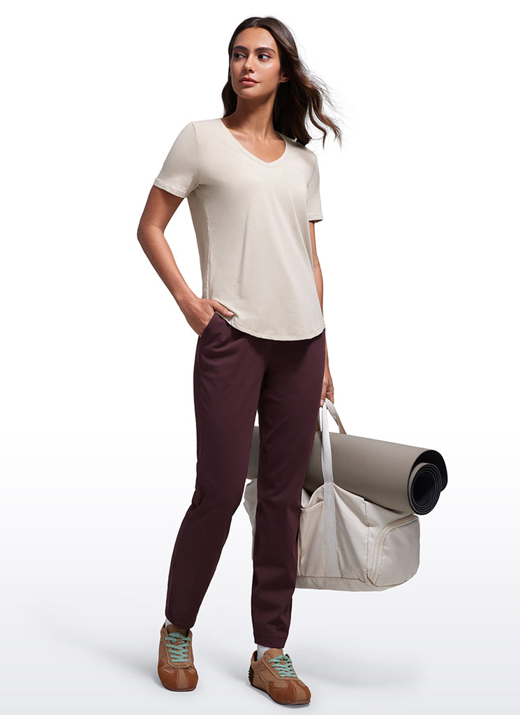 CRZ YOGA Women's Yoga Relaxed Fit Pima Cotton Short Sleeves V Neck Mojave Tan