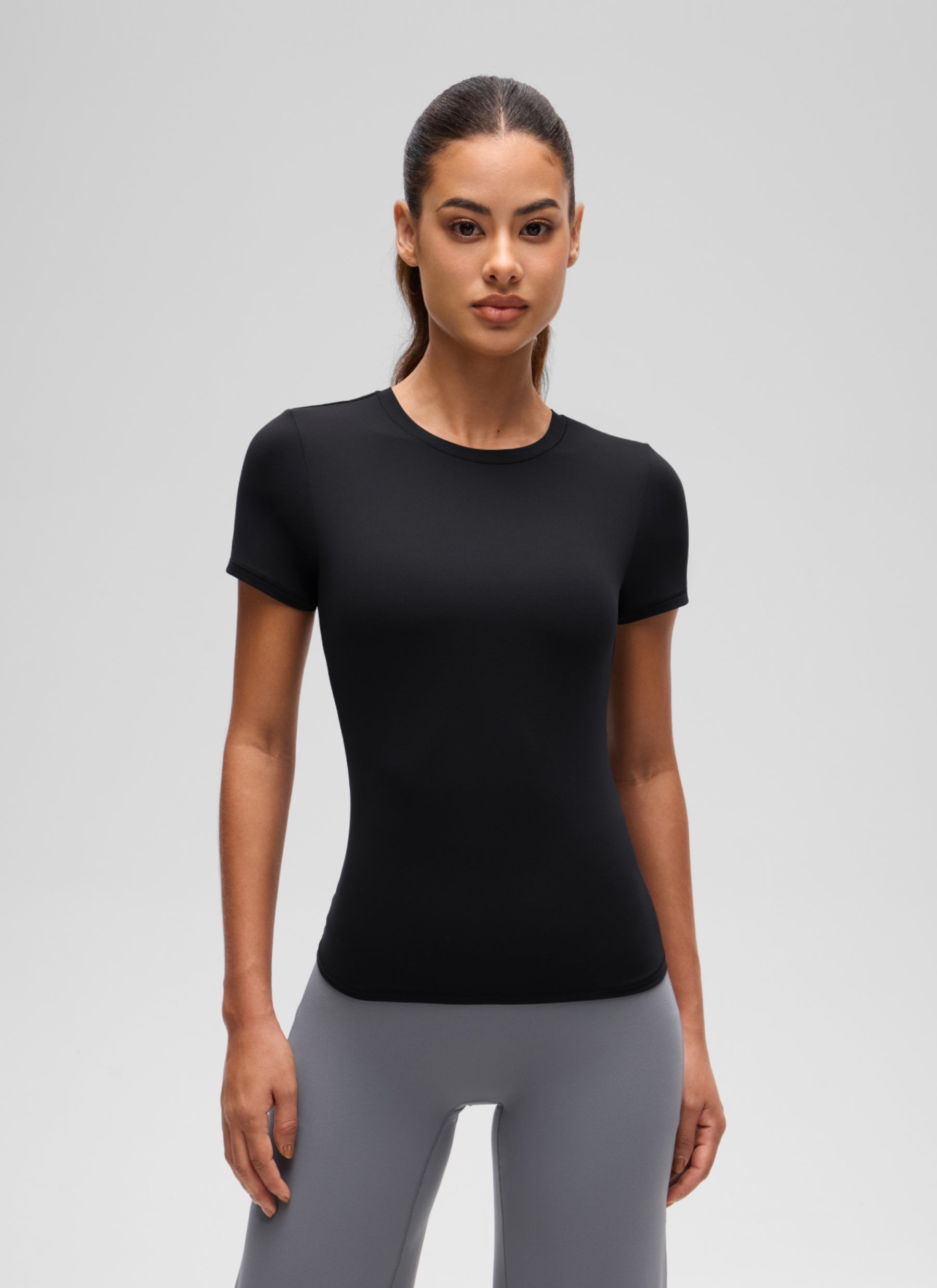 CRZ YOGA Women's Going Out Tops Soft High Crew Neck Casual Tight Shirts Black @model_info:J