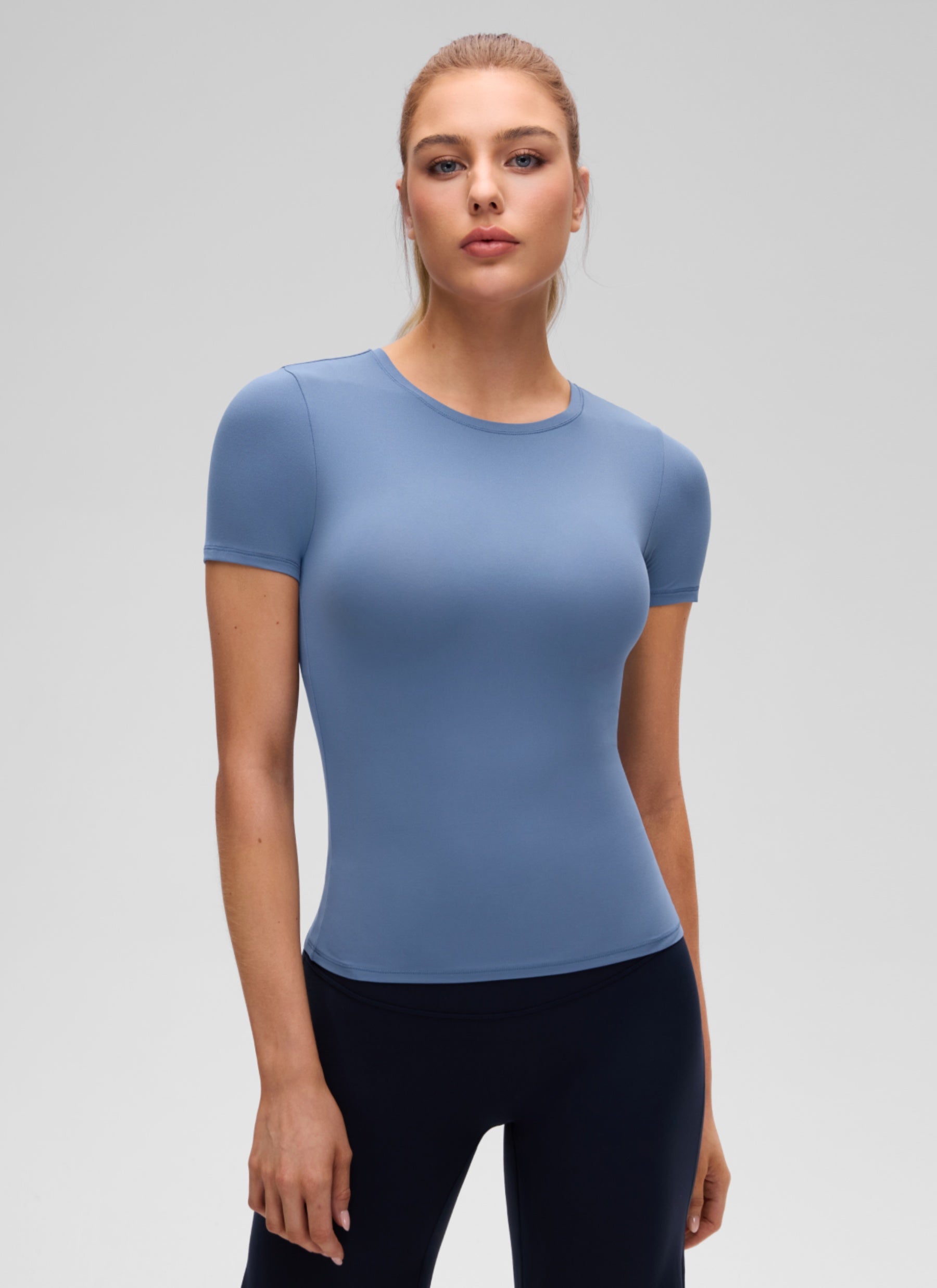 CRZ YOGA Women Going Out Tops Soft High Crew Neck Casual Tight Shirts Oasis Blue