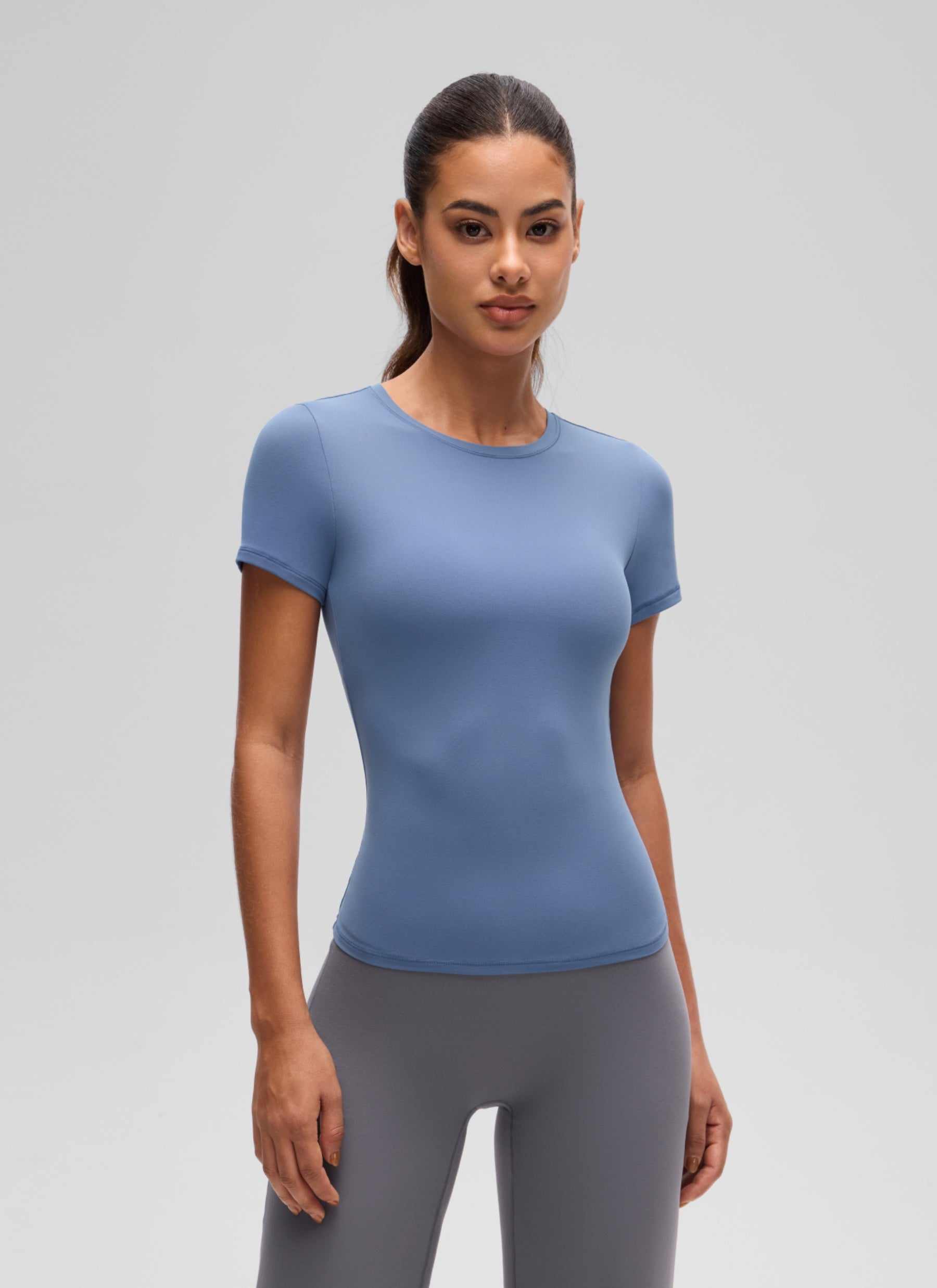 CRZ YOGA Women's Going Out Tops Soft High Crew Neck Casual Tight Shirts Oasis Blue @model_info:J