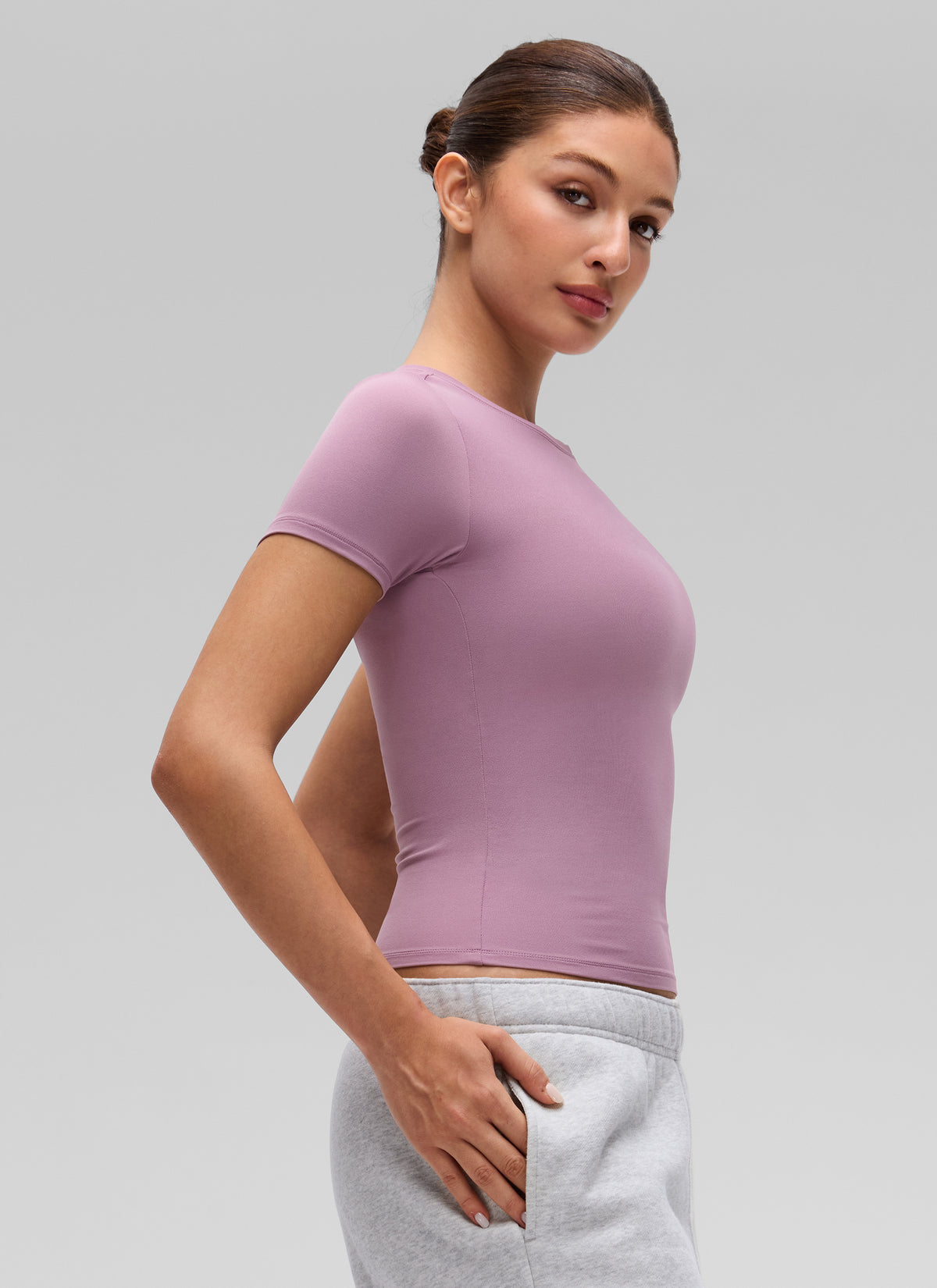 CRZ YOGA Women's Going Out Tops Soft High Crew Neck Casual Tight Shirts Light Lavender @model_info:Inga
