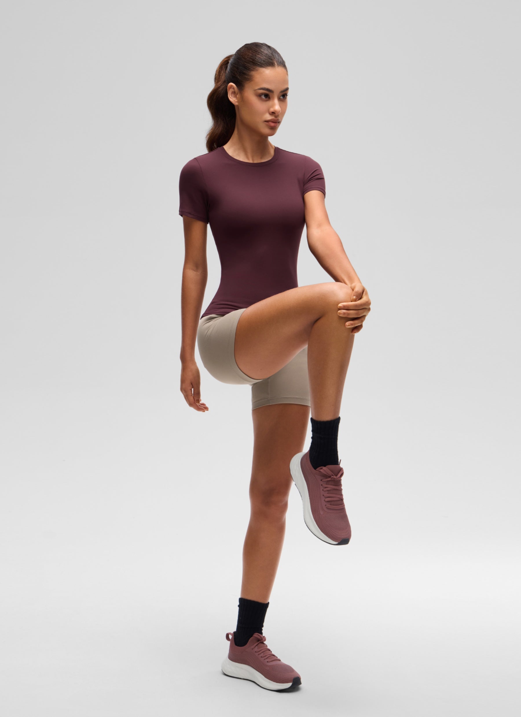 CRZ YOGA Women's Going Out Tops Soft High Crew Neck Casual Tight Shirts Ripe Plum @model_info:J