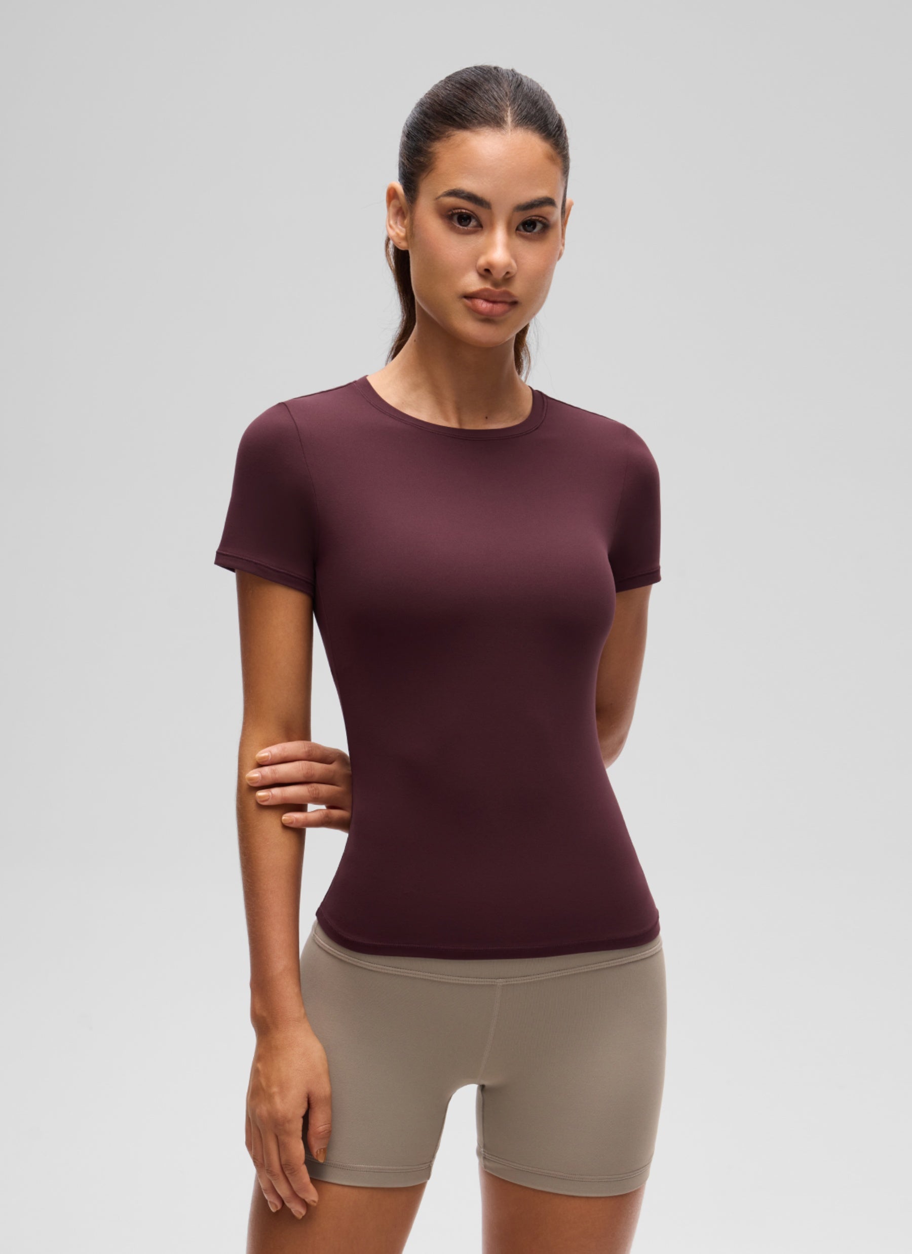 CRZ YOGA Women's Going Out Tops Soft High Crew Neck Casual Tight Shirts Ripe Plum @model_info:J