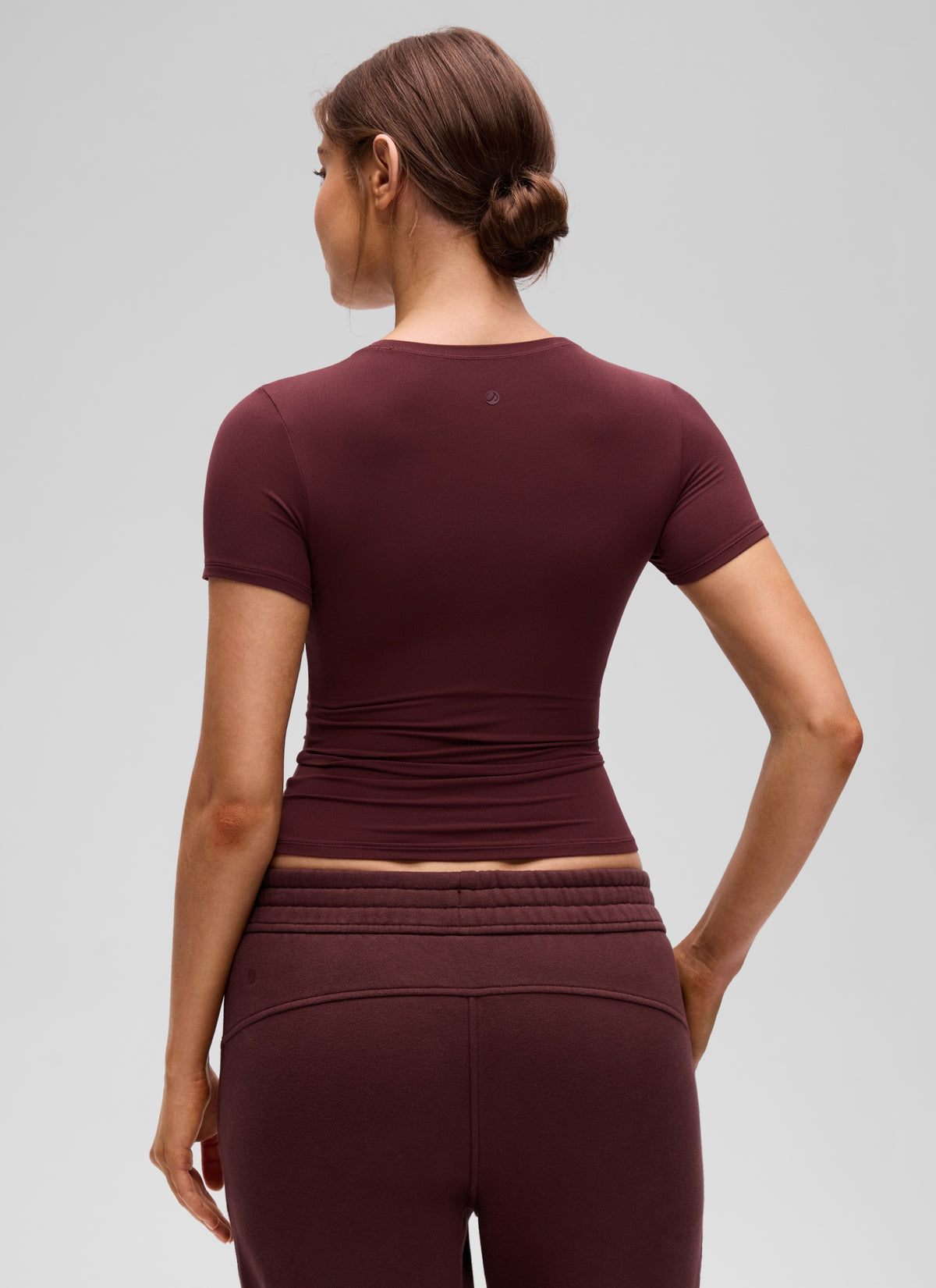 CRZ YOGA Women's Going Out Tops Soft High Crew Neck Casual Tight Shirts Red Merlot @model_info:Valeria