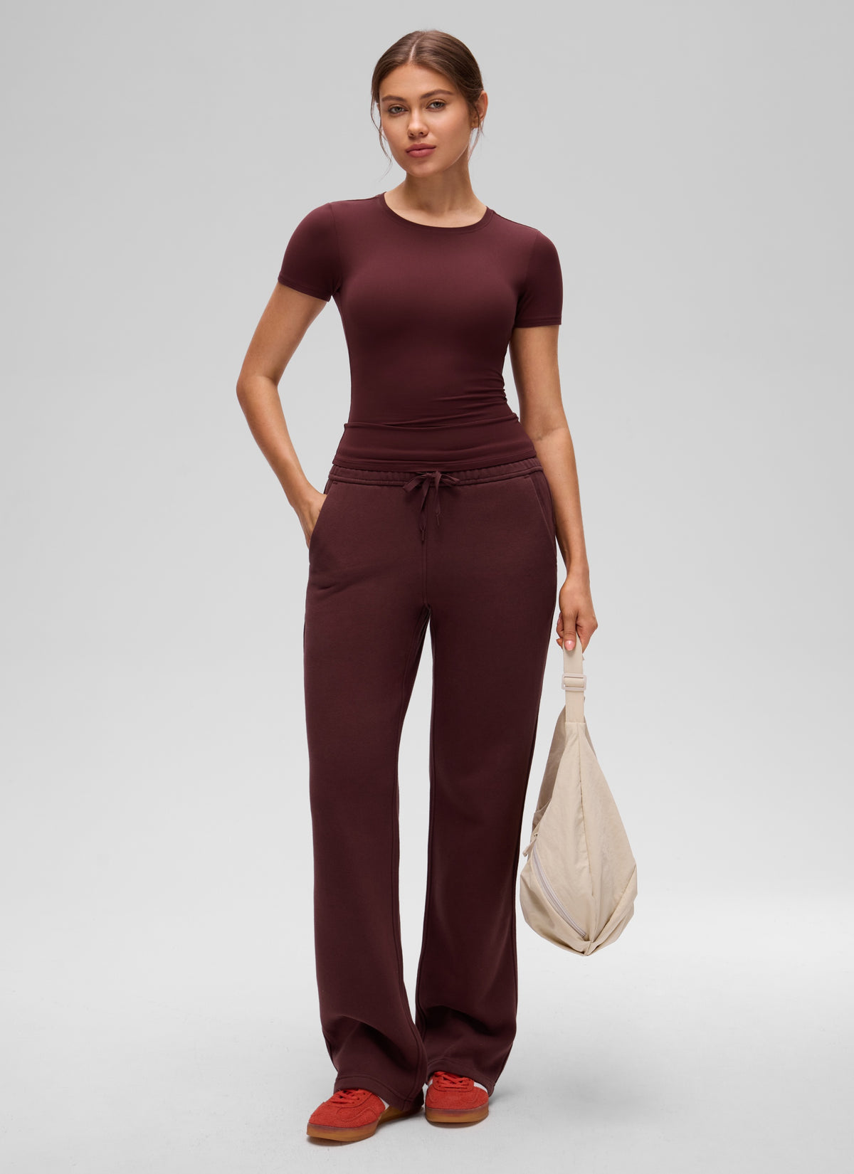 CRZ YOGA Women's Going Out Tops Soft High Crew Neck Casual Tight Shirts Red Merlot @model_info:Valeria