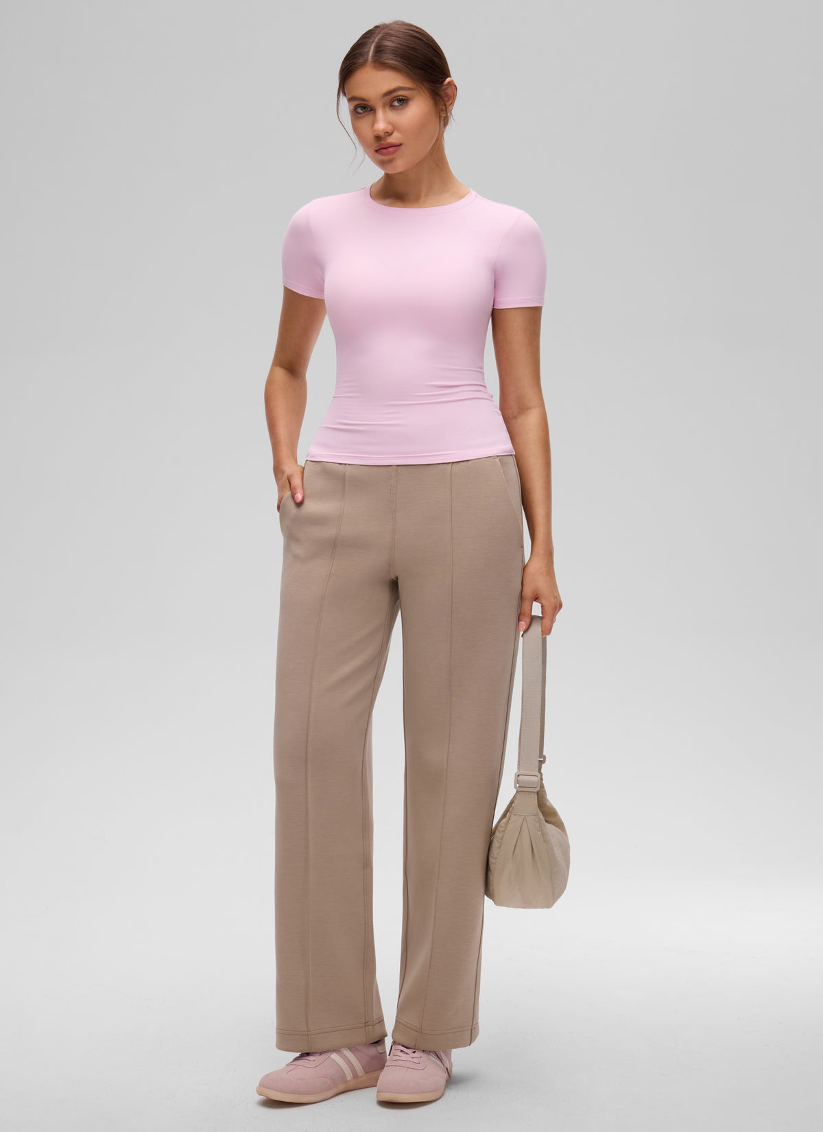 CRZ YOGA Women's Going Out Tops Soft High Crew Neck Casual Tight Shirts Pink Peony @model_info:Valeria