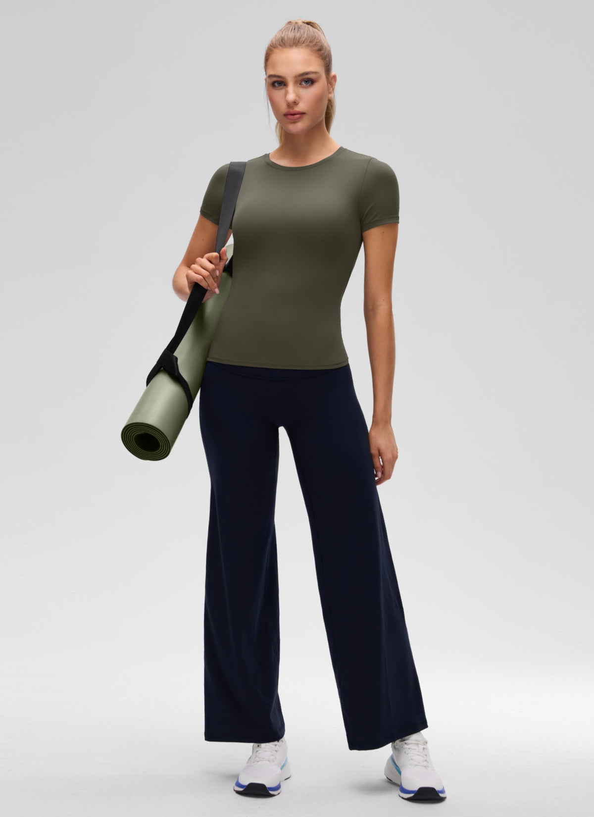 CRZ YOGA Women's Going Out Tops Soft High Crew Neck Casual Tight Shirts Light Army Green @model_info:A