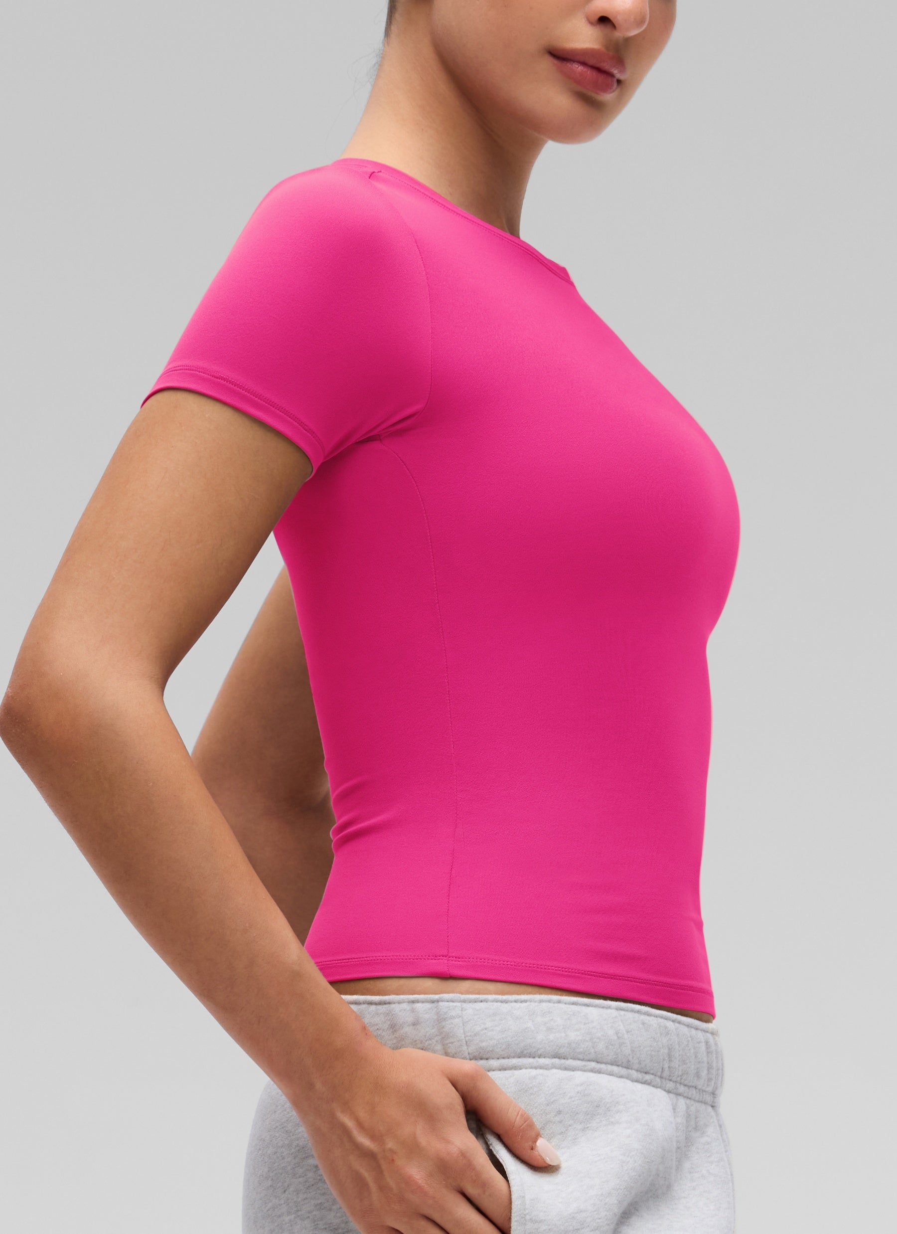 CRZ YOGA Women's Going Out Tops Soft High Crew Neck Casual Tight Shirts Granita Pink @model_info:Inga