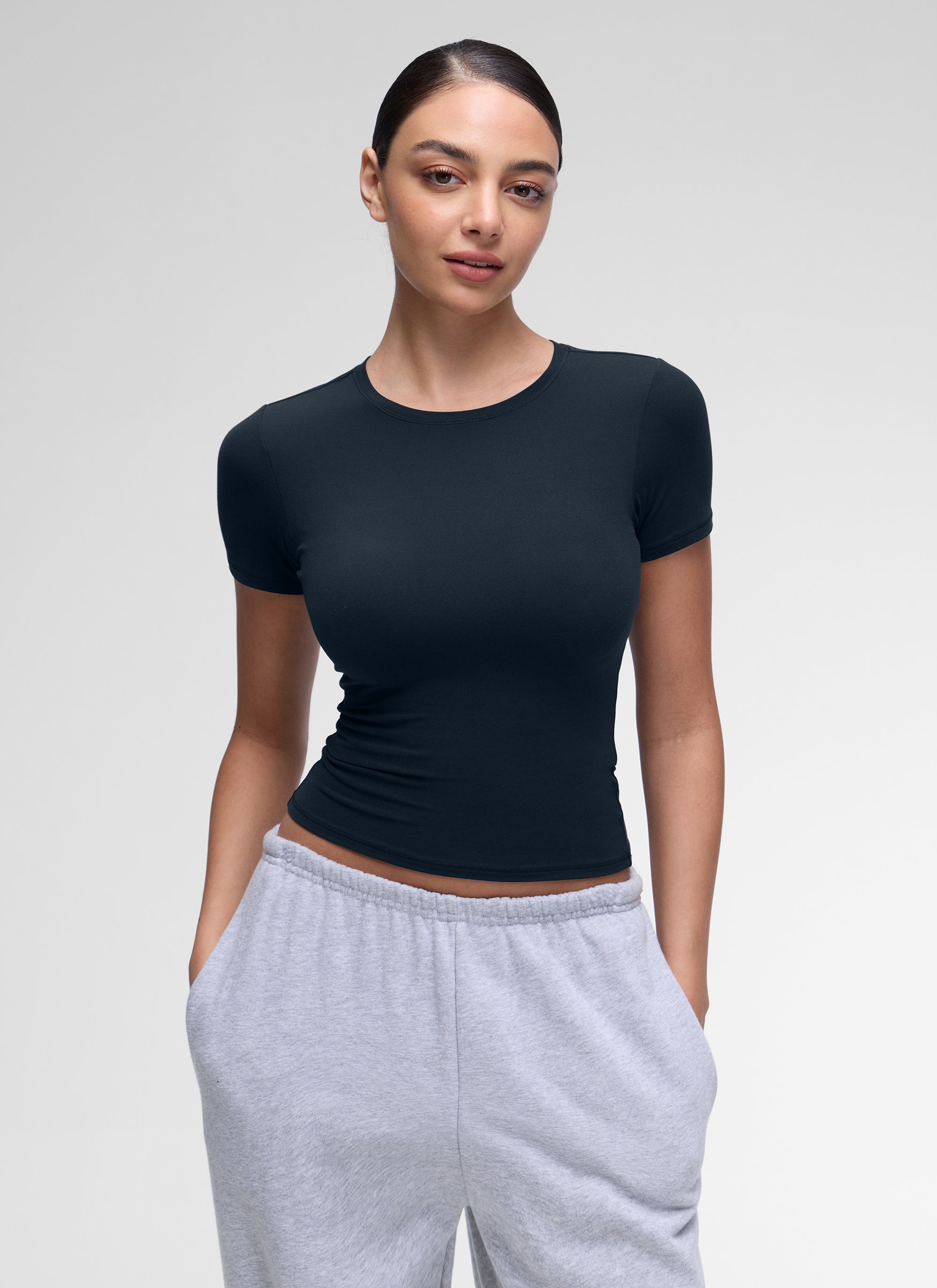 CRZ YOGA Women's Going Out Tops Soft High Crew Neck Casual Tight Shirts True Navy @model_info:Anano
