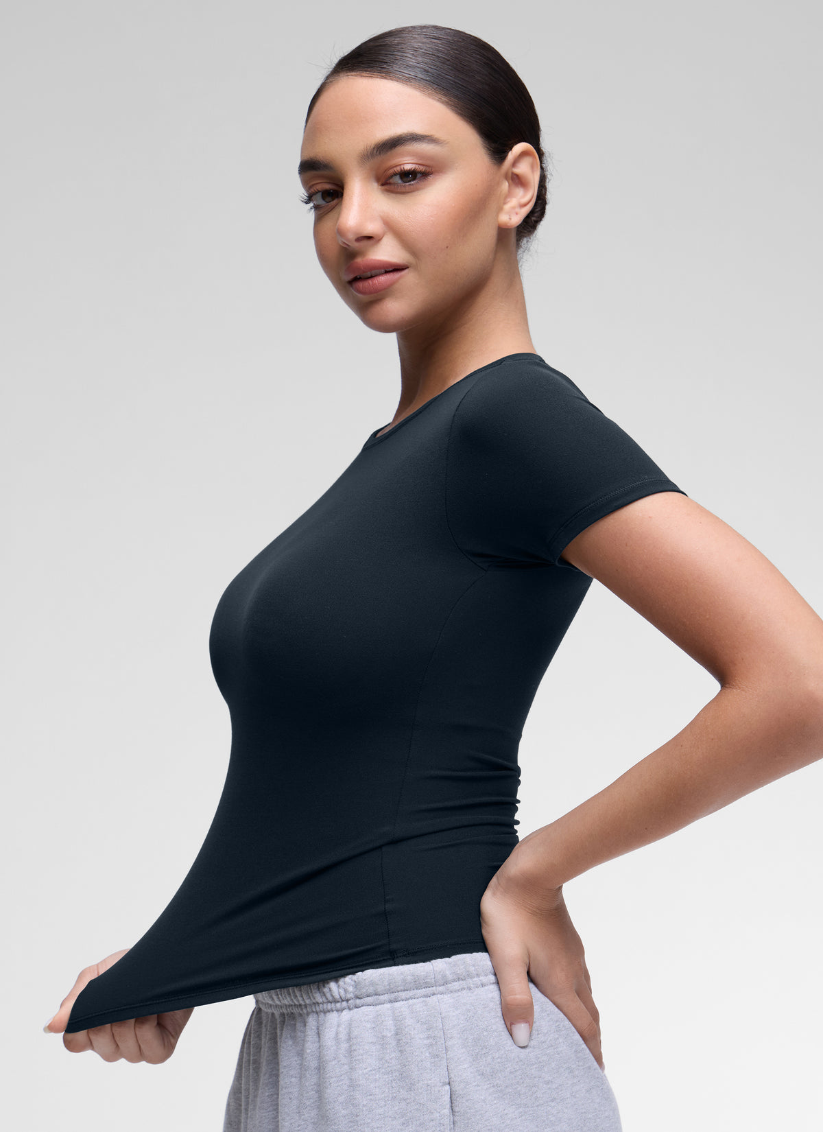 CRZ YOGA Women's Going Out Tops Soft High Crew Neck Casual Tight Shirts True Navy @model_info:Anano