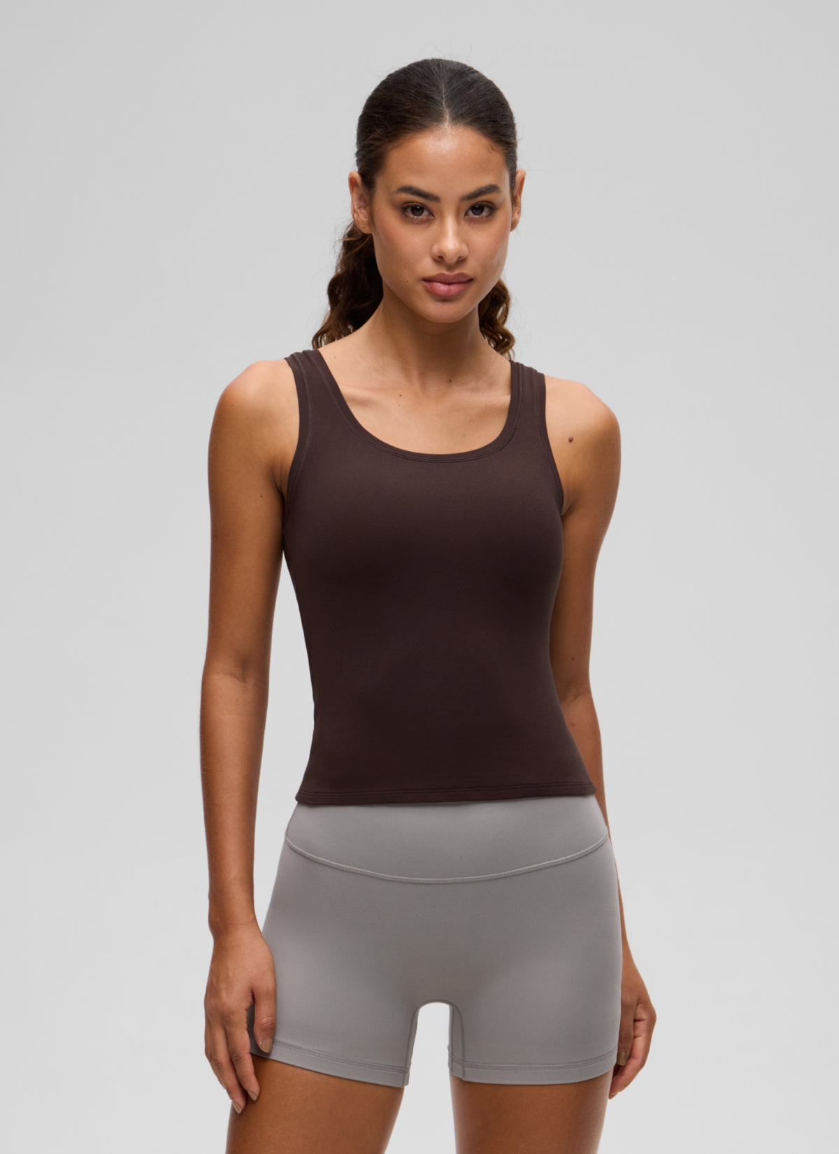 CRZ YOGA Women Softembrace Soft Double Lined Scoop Neck Tanks Casual Tops Hot Fudge Brown @model_info:J
