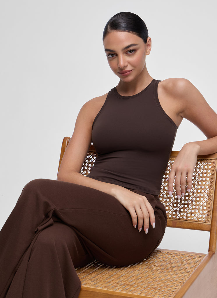 CRZ YOGA Women High Neck Casual Double Lined Sleeveless Tanks Hot Fudge Brown