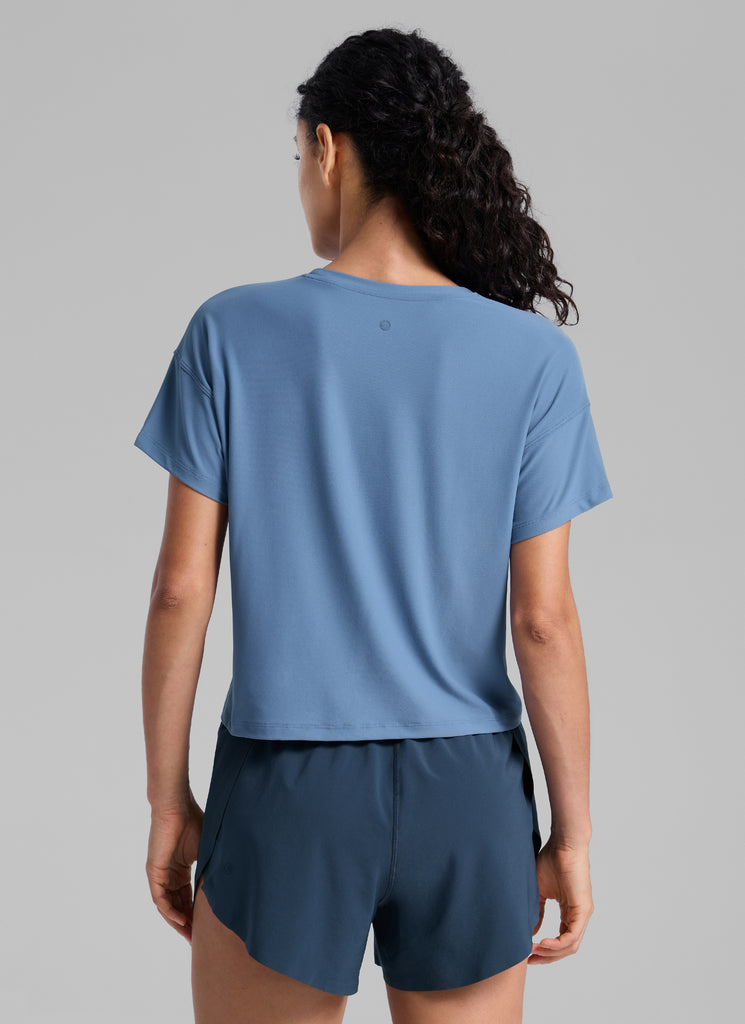 CRZ YOGA Women Cloudweight High Crew Neck Lightweight Loose Short Sleeve Washed Denim