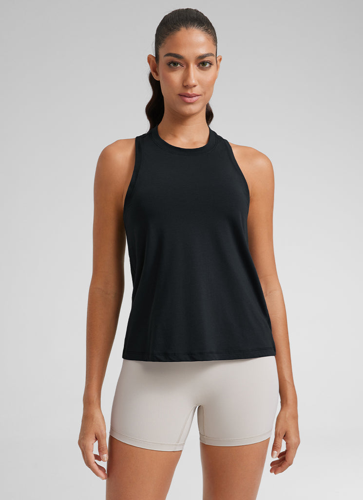 CRZYOGA Women's Pima Cotton High Neck Workout Tank Racerback purple gray