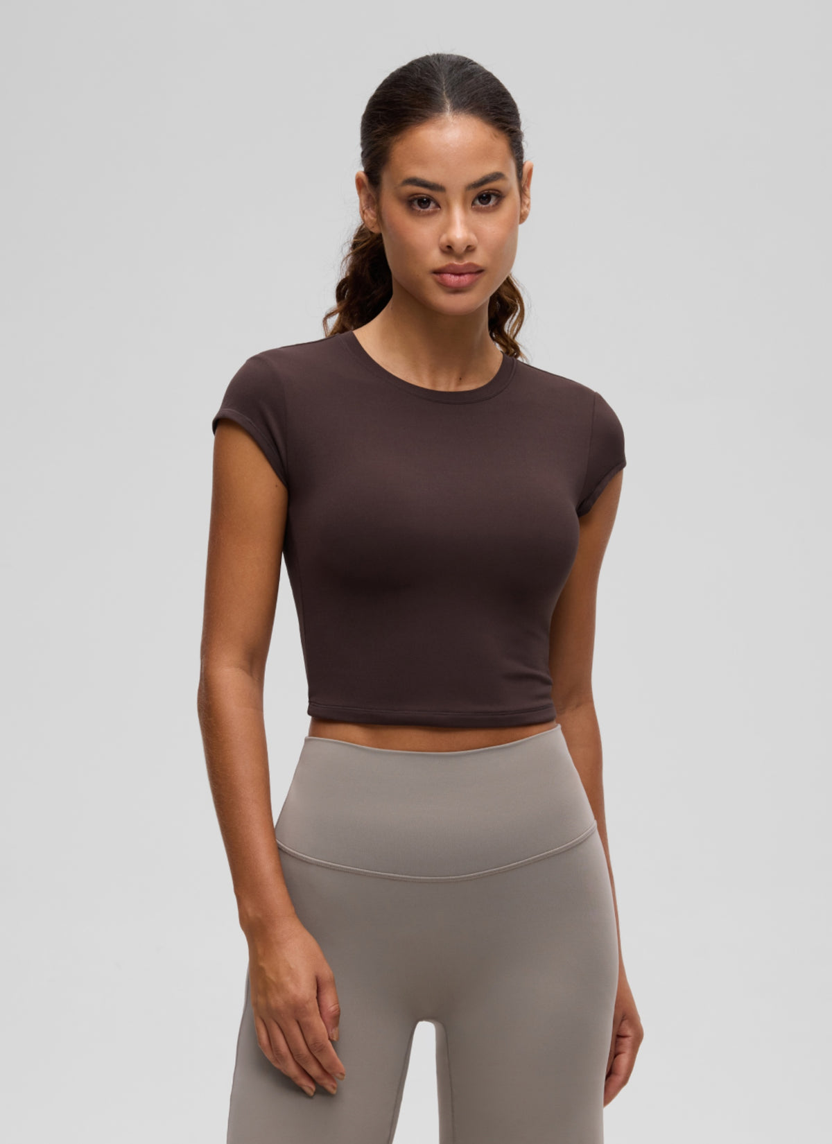 CRZ YOGA Women's Softembrace Casual Crop Double Lined Cap Sleeve Tops Hot Fudge Brown @model_info:J