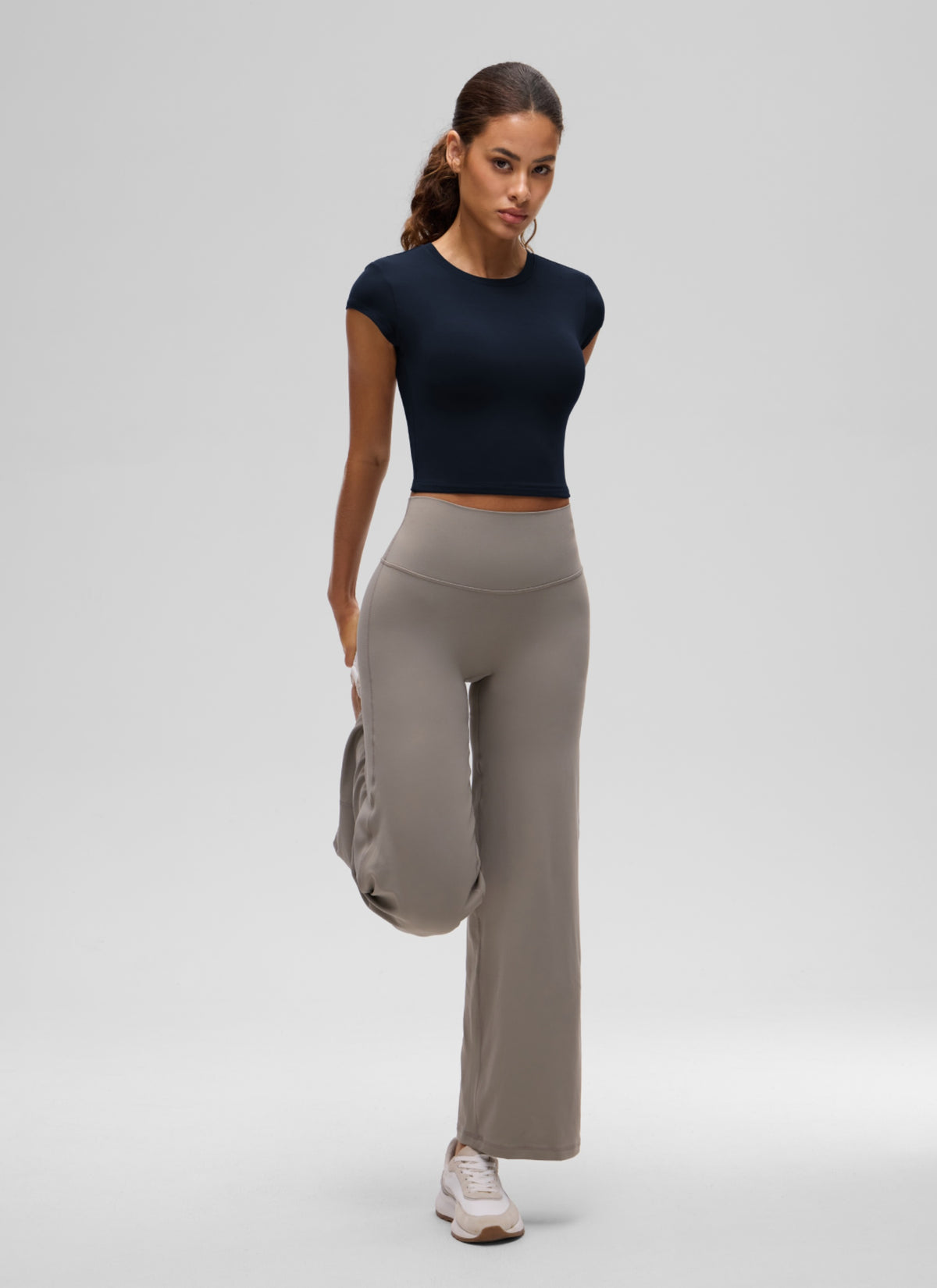 CRZ YOGA Women's Softembrace Casual Crop Double Lined Cap Sleeve Tops True Navy @model_info:J