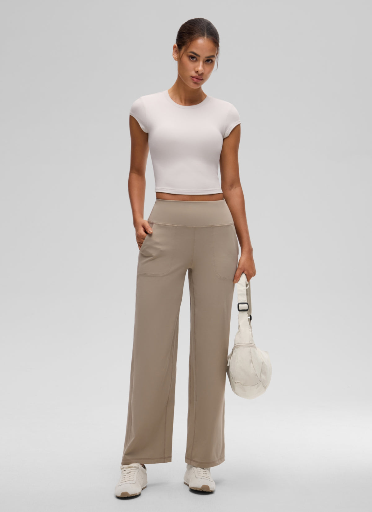 CRZ YOGA Women's Softembrace Casual Crop Double Lined Cap Sleeve Tops Milky White @model_info:J