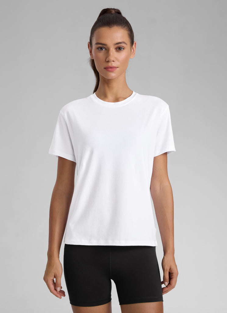 CRZ YOGA Women's Workout Casual Poly Cotton-Blend Short Sleeve Mojave Tan