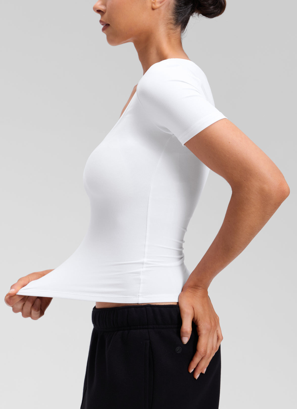 CRZ YOGA Women's Softembrace Casual U Neck Tight Fit Short Sleeve White @model_info:Marcela
