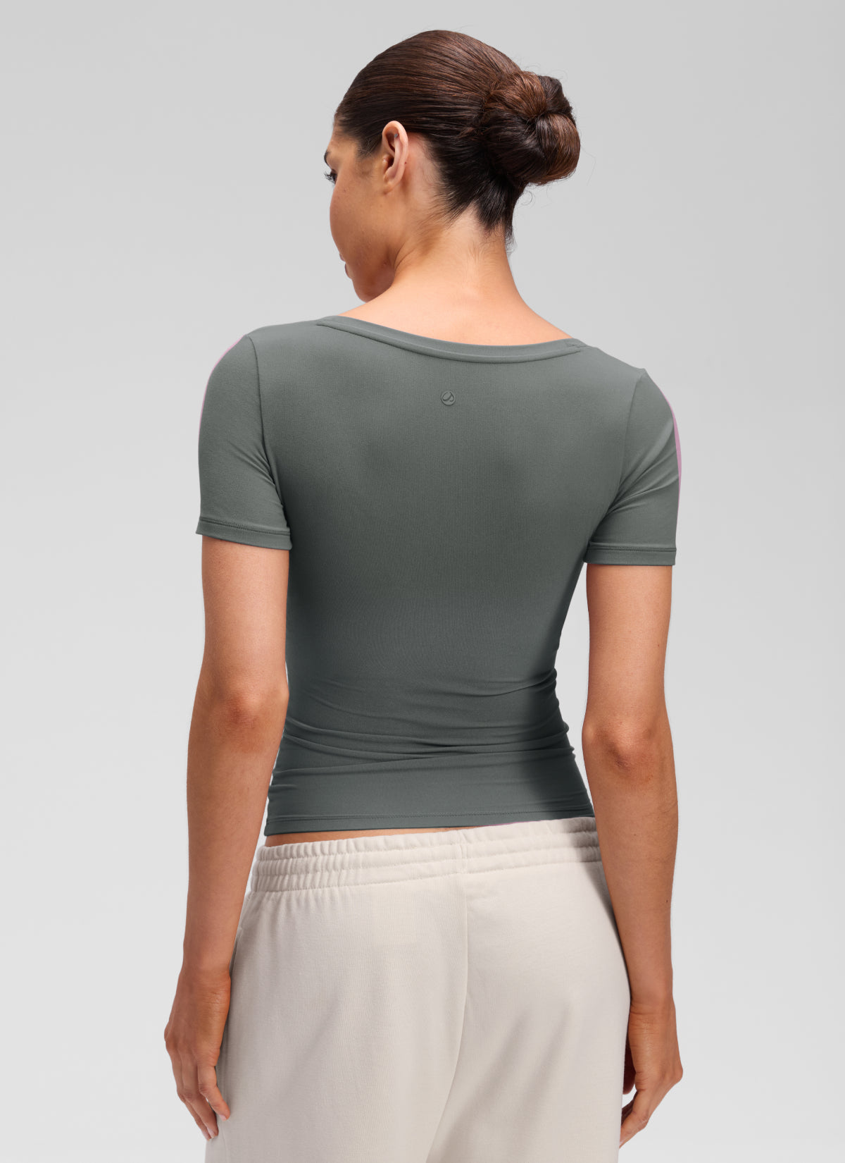 CRZ YOGA Women's Softembrace Casual U Neck Tight Fit Short Sleeve Grey Sage @model_info:Marcela