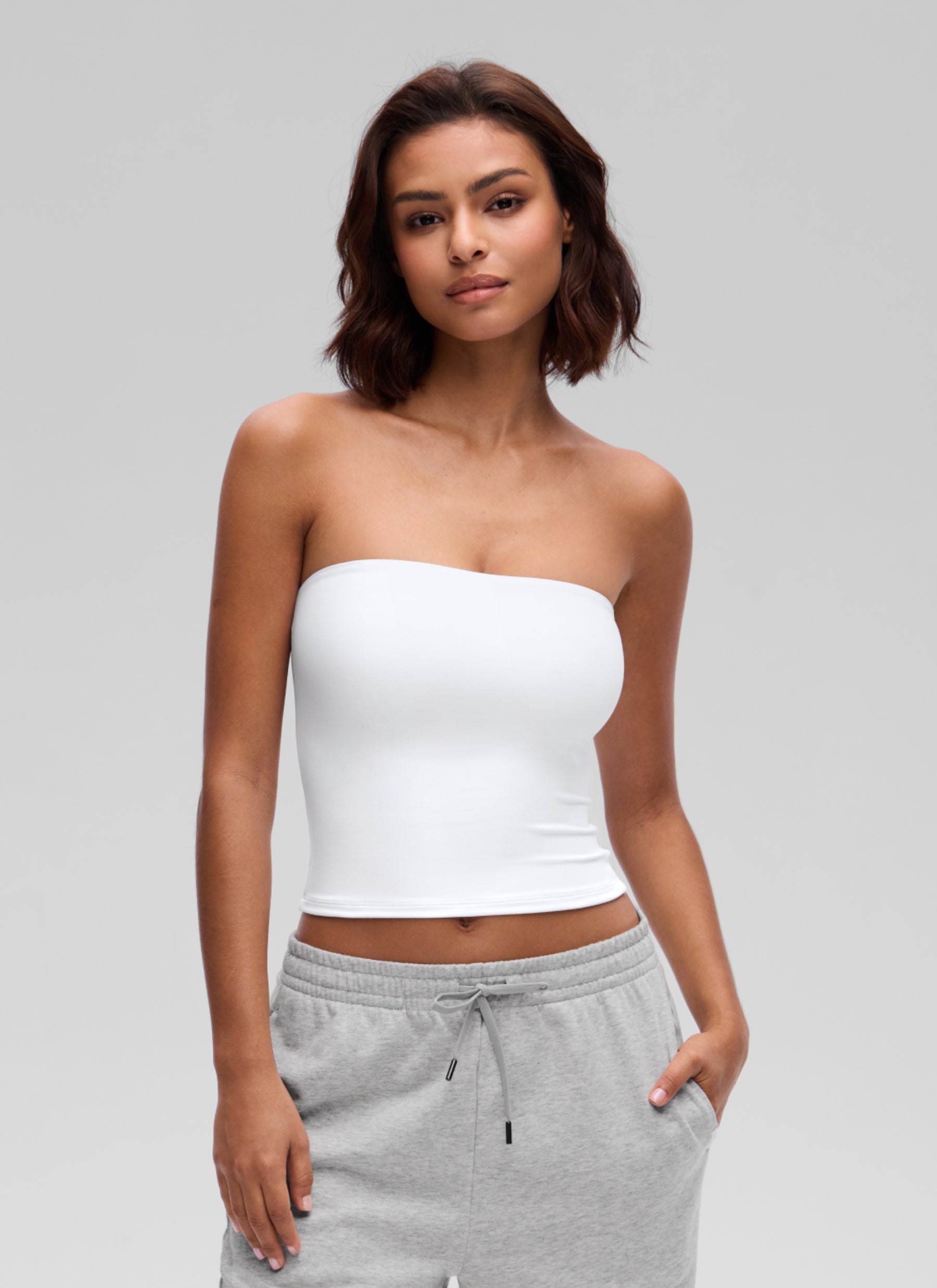 CRZ YOGA Women's Softembrace Casual Double Lined Crop Strapless Top White @model_info:T