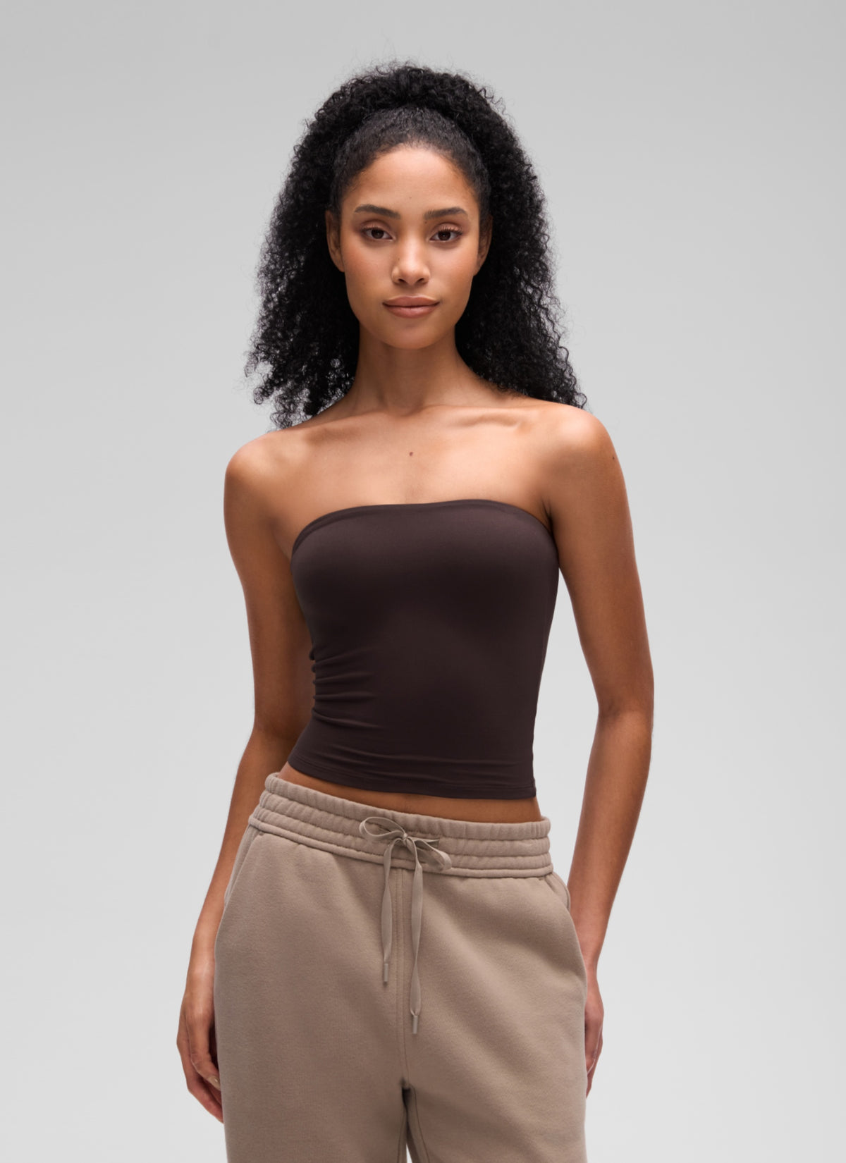 CRZ YOGA Women's Softembrace Casual Double Lined Crop Strapless Top Hot Fudge Brown @model_info:S