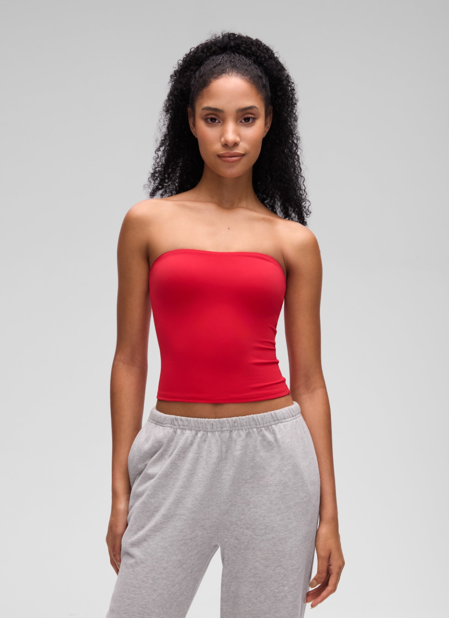 CRZ YOGA Women's Softembrace Casual Double Lined Crop Strapless Top Aurora Red @model_info:S