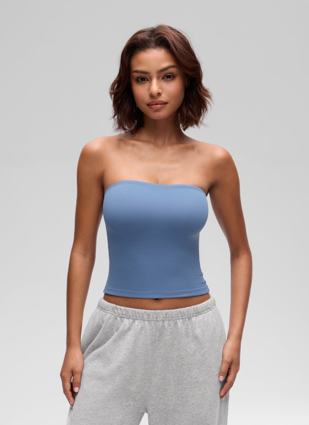 CRZ YOGA Women's Softembrace Casual Double Lined Crop Strapless Top Oasis Blue @model_info:T