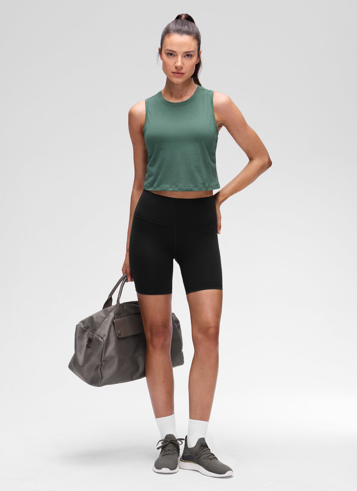 CRZ YOGA Women's Pima Cotton Casual Crewneck RacerBack Crop Tank Graphite Green @model_info:Kseniia