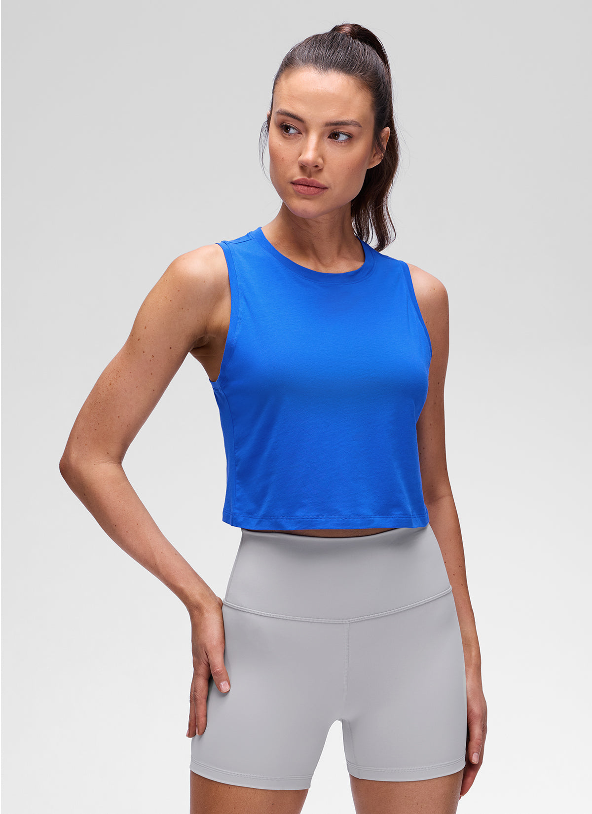 CRZ YOGA Women's Pima Cotton Casual Crewneck RacerBack Crop Tank Strong Blue @model_info:Kseniia