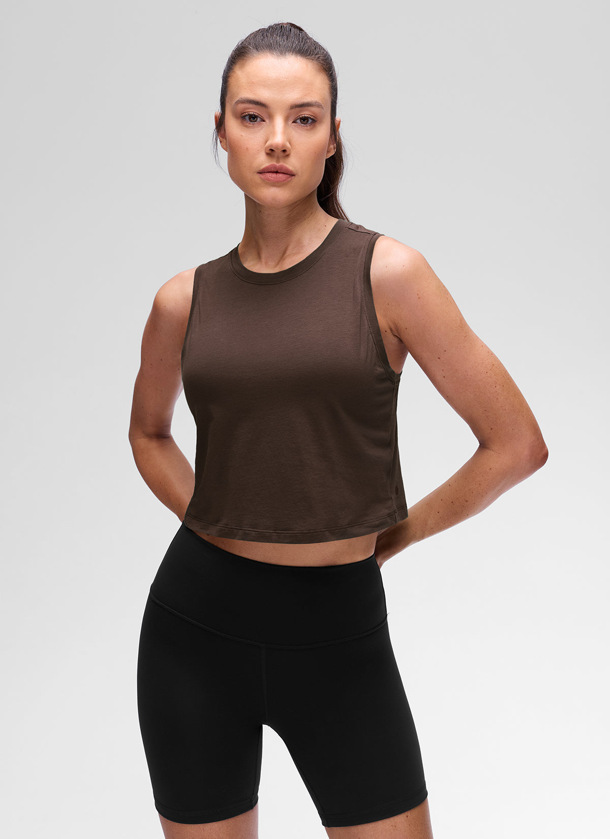 CRZ YOGA Women's Pima Cotton Casual Crewneck RacerBack Crop Tank Hot Fudge Brown @model_info:Kseniia