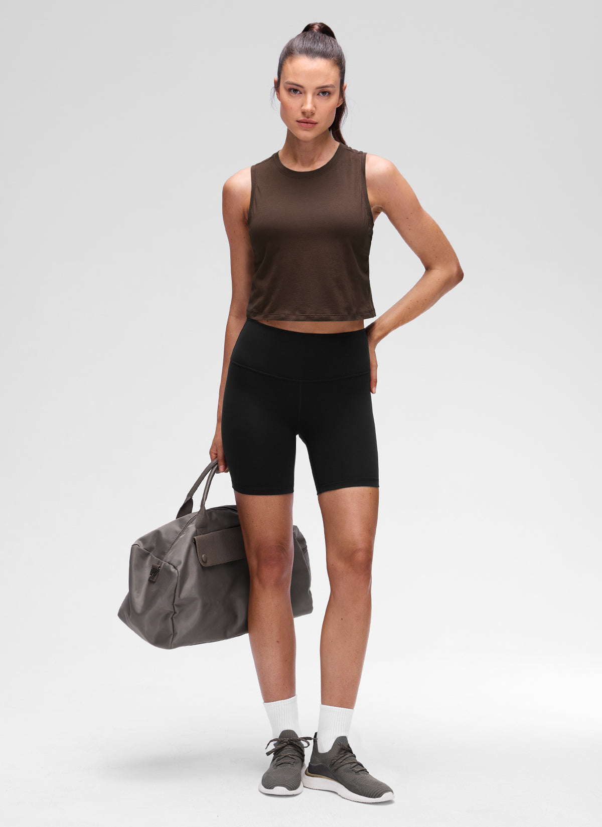 CRZ YOGA Women's Pima Cotton Casual Crewneck RacerBack Crop Tank Hot Fudge Brown @model_info:Kseniia