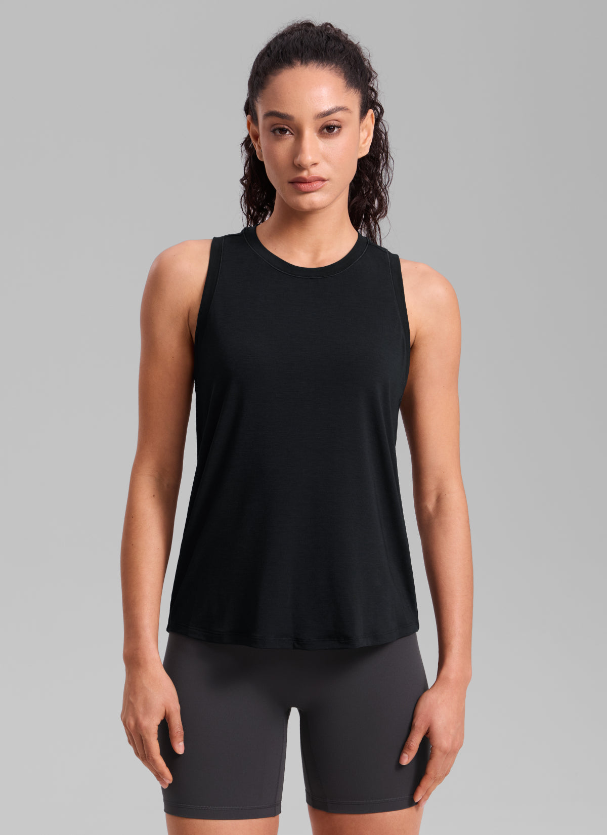 CRZ YOGA Women's Quick Dry Workout Crew Neck Racerback Hip Length Tank Black