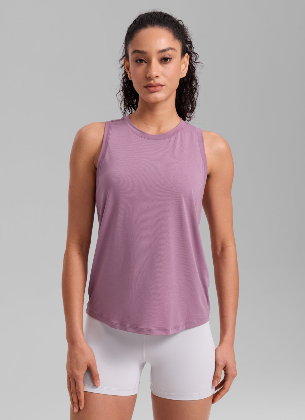 CRZ YOGA Women's Quick Dry Workout Crew Neck Racerback Hip Length Tank Light Lavender