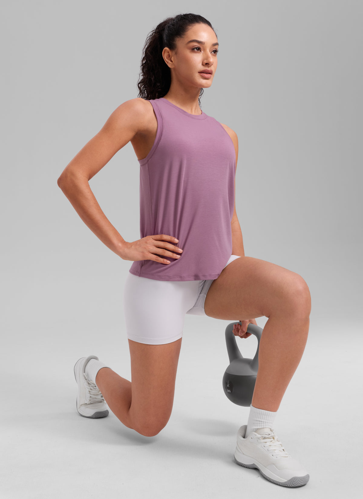 CRZ YOGA Women's Quick Dry Workout Crew Neck Racerback Hip Length Tank Light Lavender