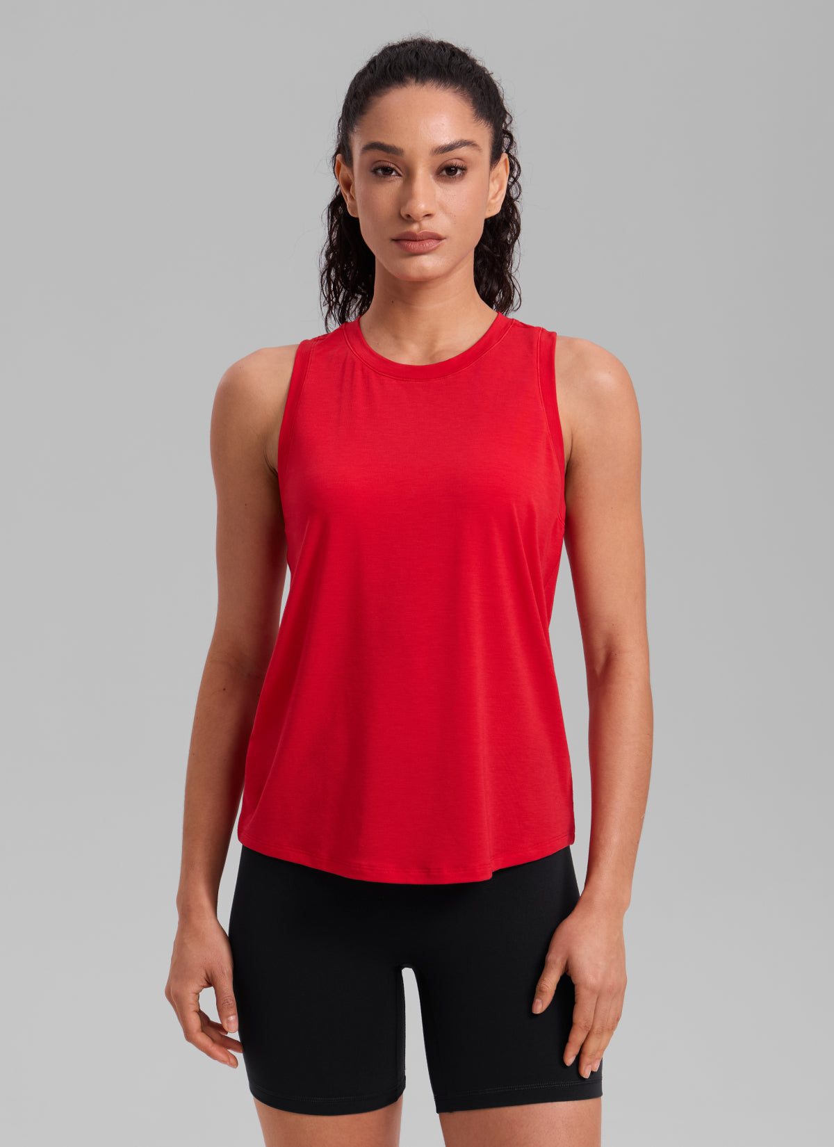CRZ YOGA Women's Quick Dry Workout Crew Neck Racerback Hip Length Tank Aurora Red