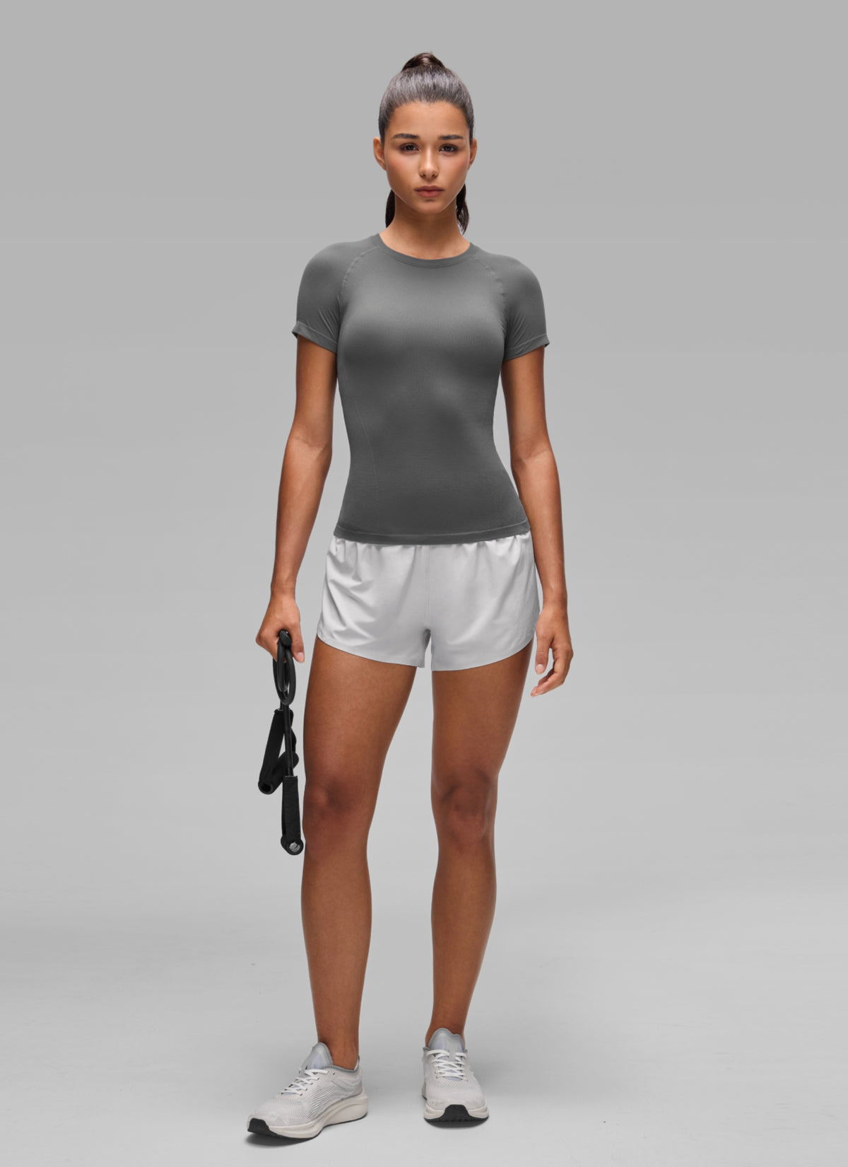 CRZ YOGA Women's Workout Seamless Crewneck Fitted Hip Short Sleeves Ash Grey @model_info:A